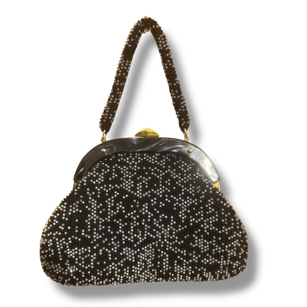 Vintage Style Craft Caviar Beaded Hand Bag w Lucite Details & Gold Snap Closure